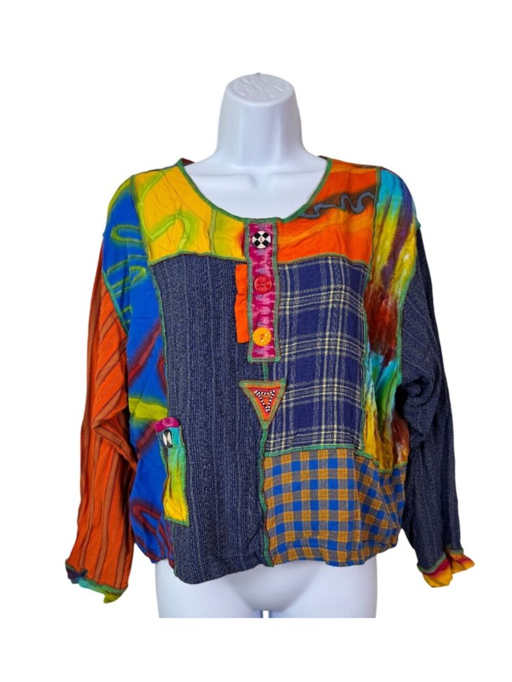 Faith Colorful Patchwork Boho Top Beaded Long Sleeves Size XL Lagenlook Artsy